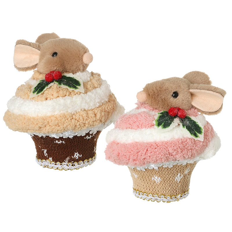 Plush Mouse in Cupcake with Holly Trim