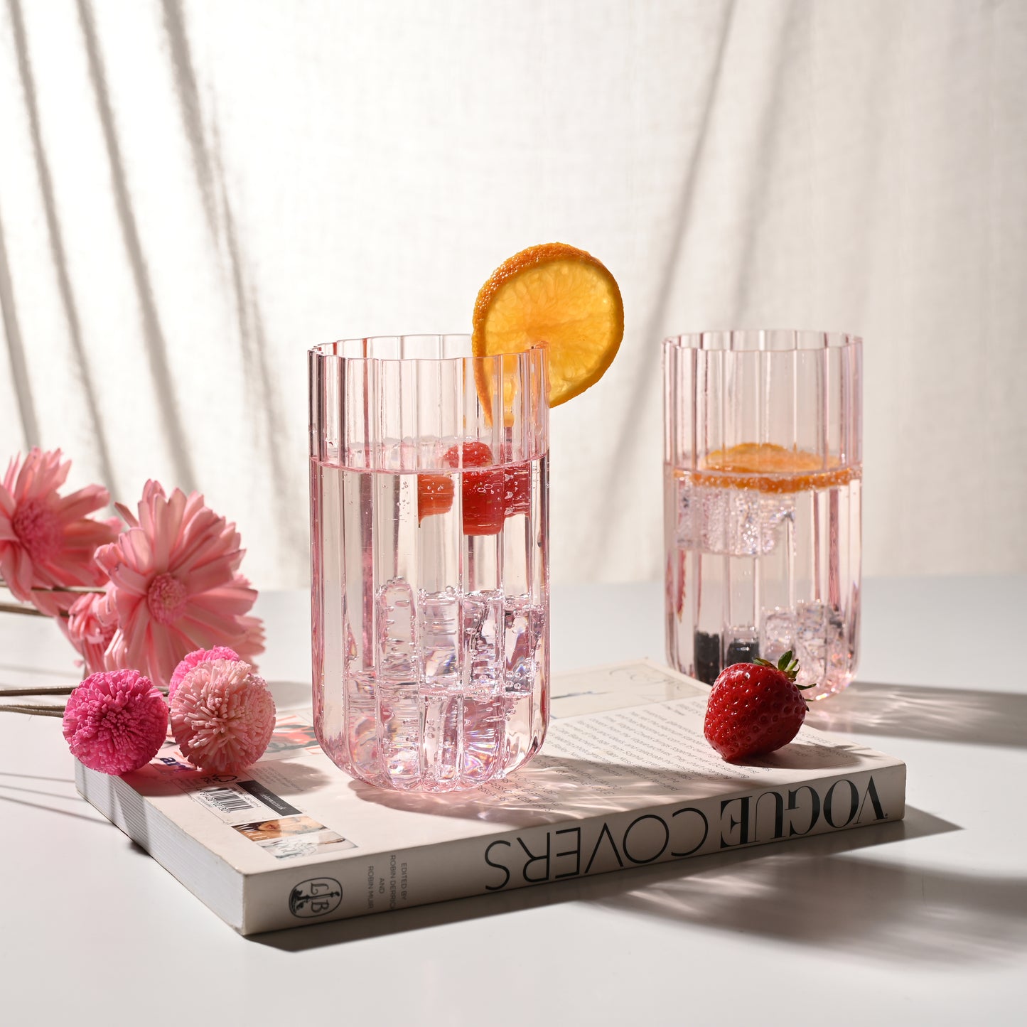 Hestia Pink Ribbed Glassware Set