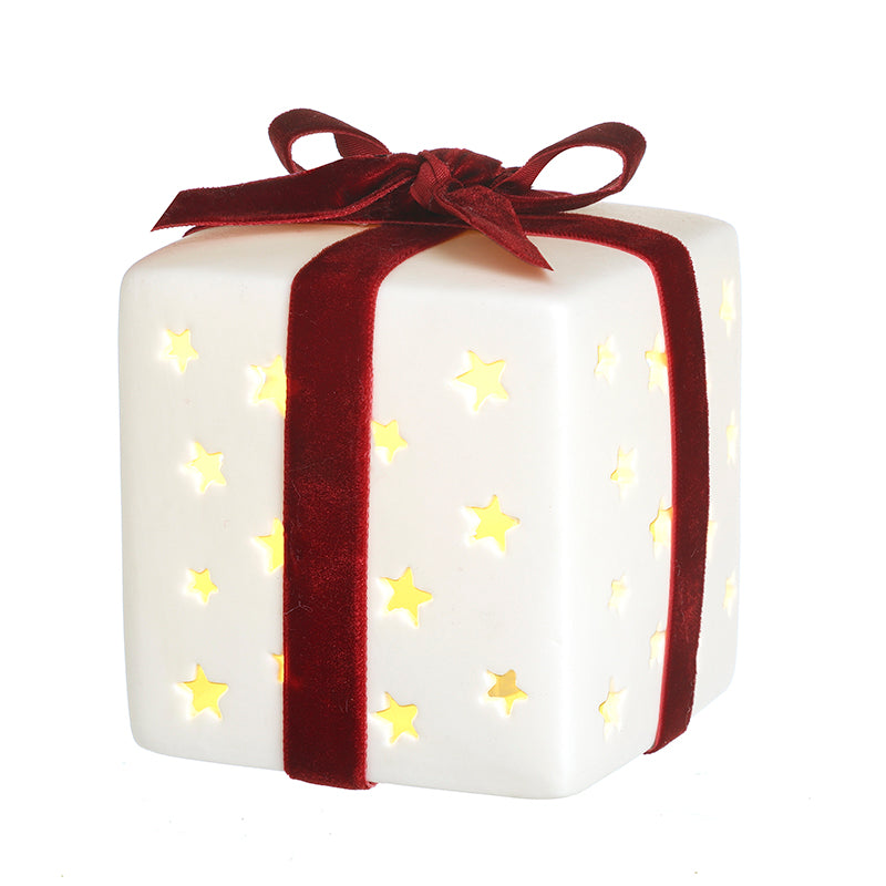 White Ceramic LED Present with Bow Ornament (large)